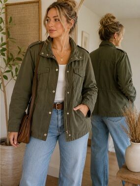 H&M+ Olive Green Utility Jacket Military Anorak Plus Size 14 Cotton Blend